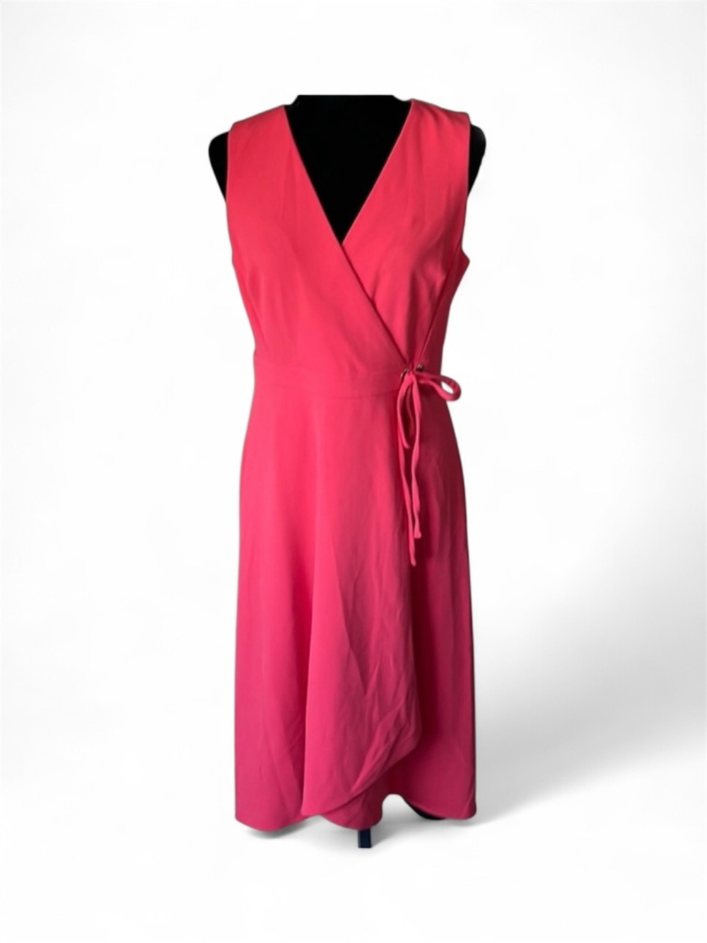 Dkny size 10 red/orange,V-neck,sleeveless,ribbon on waist,asymmetric dress/women